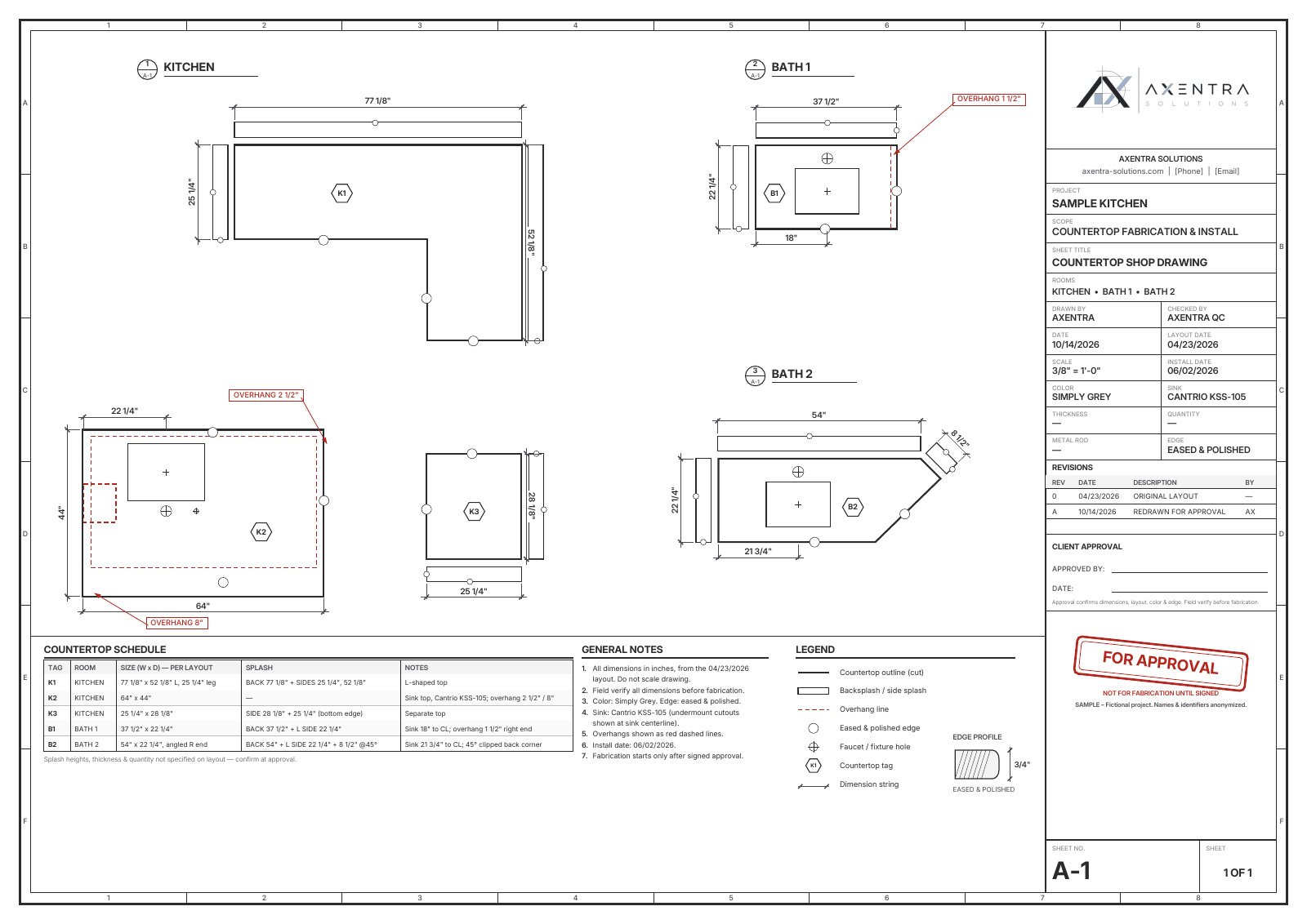 Sample countertop shop drawing ready for GC approval (fictional project)