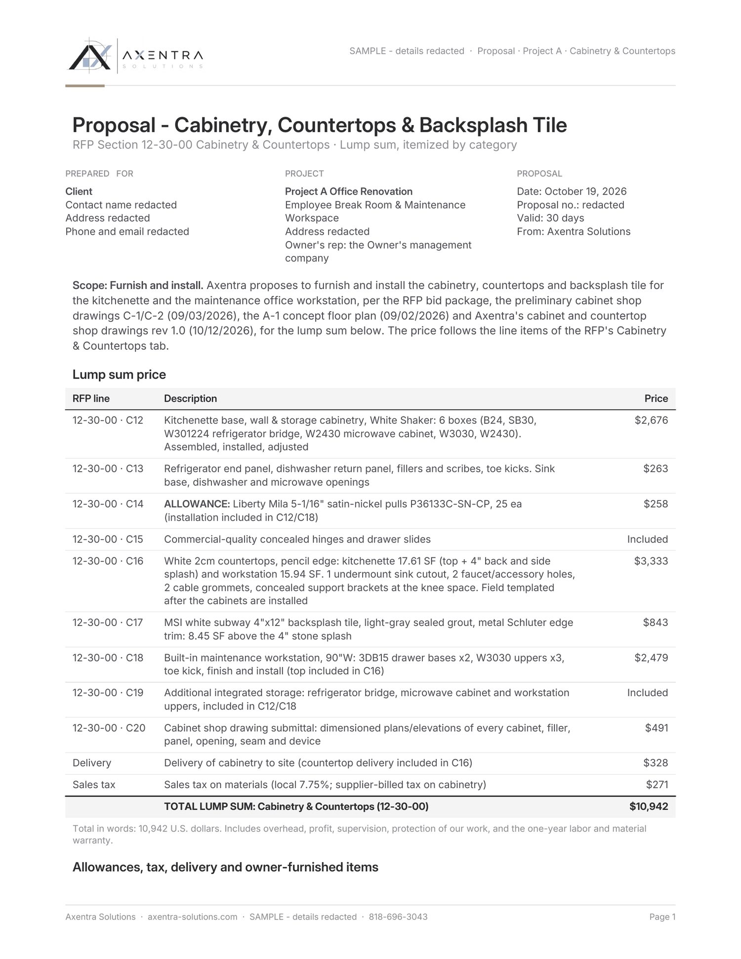 Sample itemized bid proposal for cabinets, countertops, and tile (sample project, details redacted)