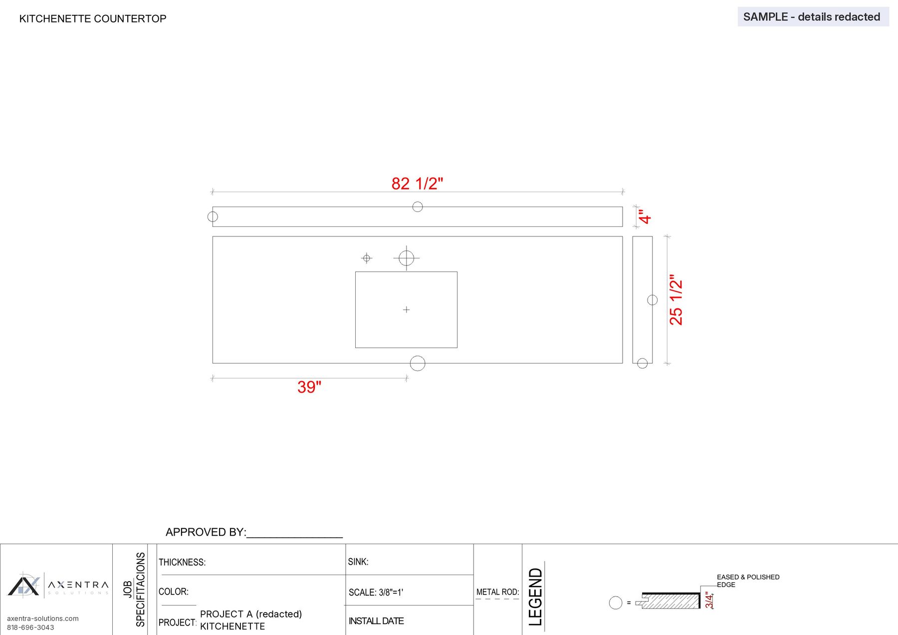 Sample countertop shop drawing showing seams and sink cutouts (sample project, details redacted)